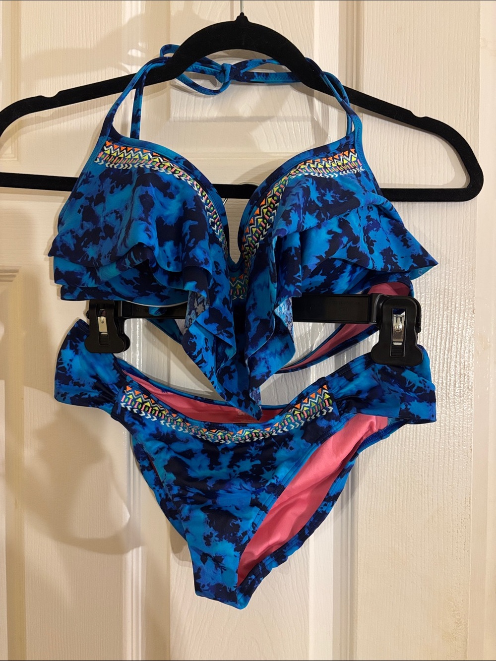 Blue Floral Ruffle Halter Bikini Set - Women's Swim